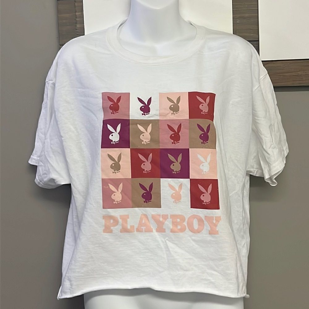 Playboy Bunny Distressed Cut Cropped Cotton Crewneck White T-Shirt- Large